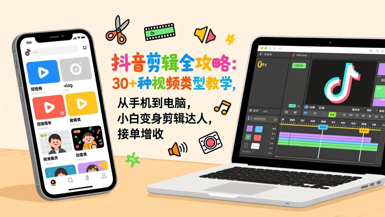 抖音剪辑全攻略：30+种视频类型教学，从手机到电脑，小白变身剪辑达人，接单增收-heijinzy