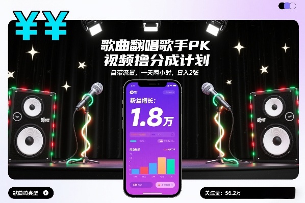 歌曲翻唱歌手PK视频撸分成计划，自带流量，一天两小时，日入2张-heijinzy