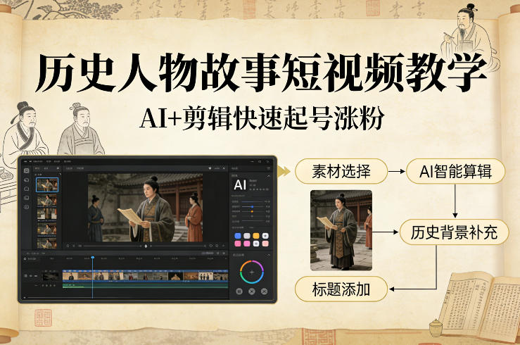 历史人物故事短视频教学，AI+剪辑制作历史人物题材短视频，快速起号涨粉-heijinzy