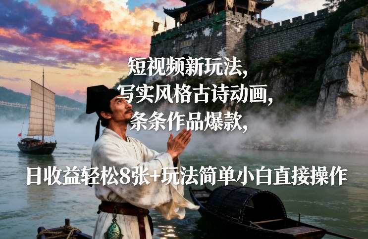 短视频新玩法，写实风格古诗动画，条条作品爆款，日收益轻松8张+玩法简单小白直接操作-heijinzy