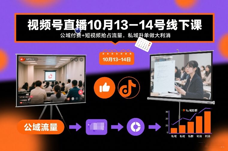 视频号直播10月13-14号线下课，公域付费+短视频抢占流量，私域升单做大利消-heijinzy