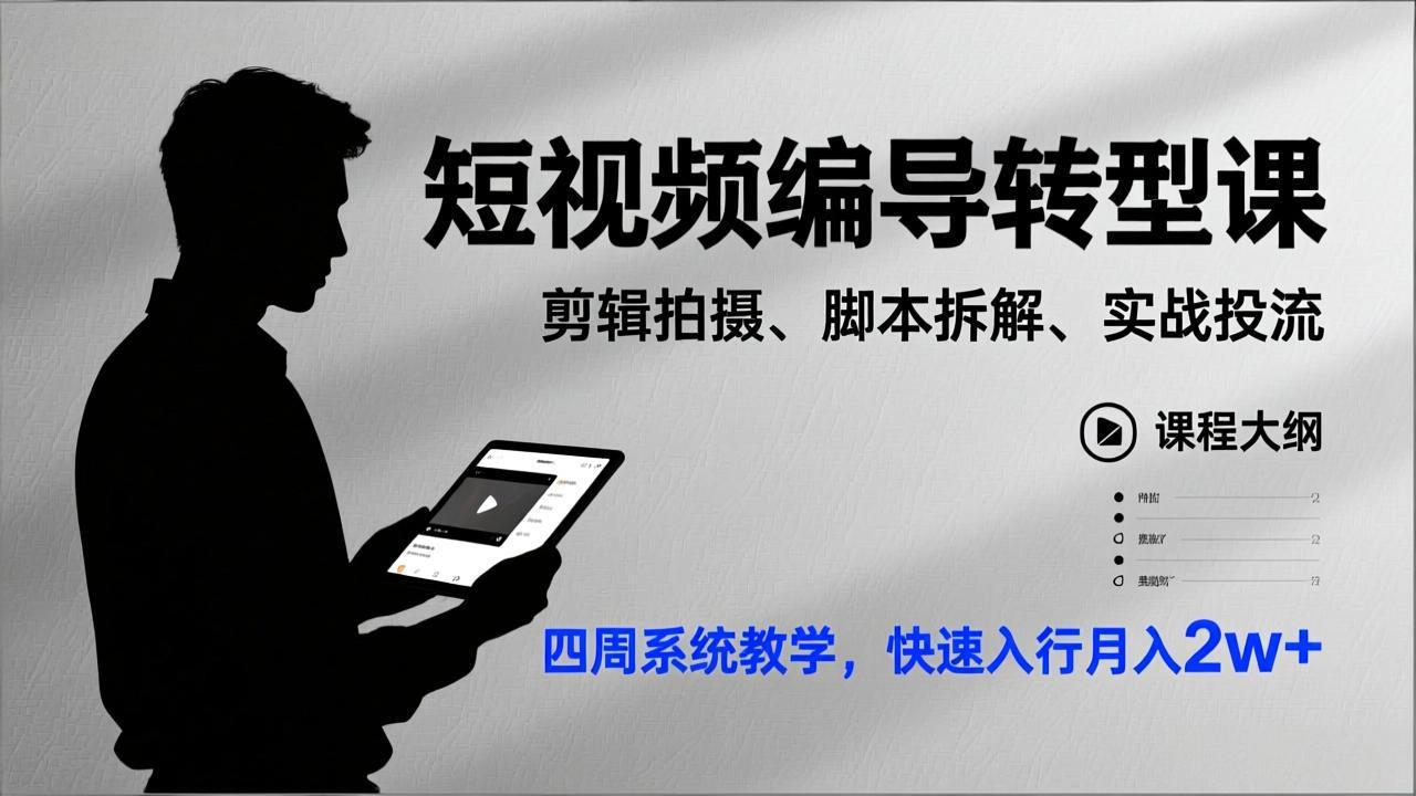 短视频编导转型课，剪辑拍摄、脚本拆解、实战投流，四周系统教学，快速入行月入2w+-heijinzy
