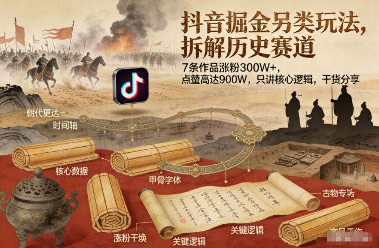 抖音掘金另类玩法，拆解历史赛道，7条作品涨粉300W+，点赞量高达900W，只讲核心逻辑，干货分享-heijinzy