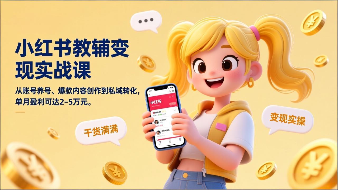 小红书教辅变现实战课，从账号养号、爆款内容创作到私域转化，单月盈利可达2-5万元-heijinzy