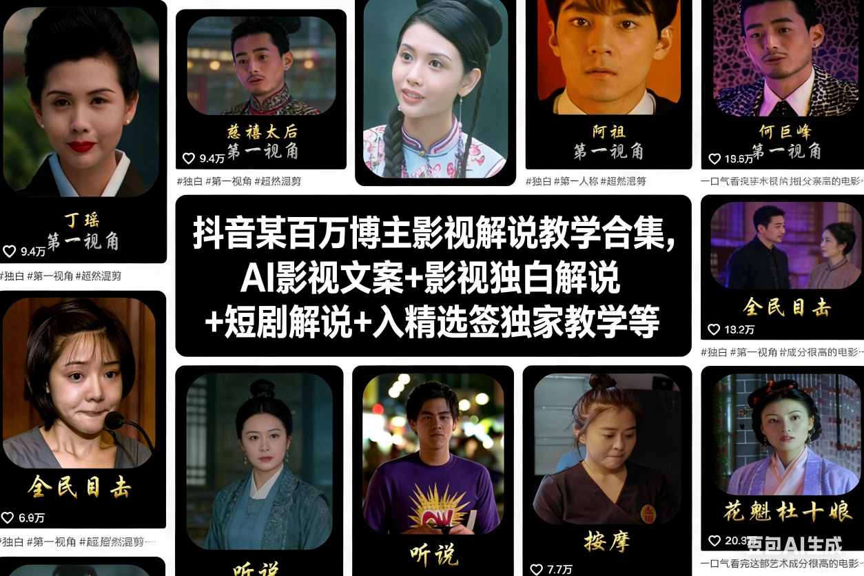抖音某百万博主影视解说教学合集，AI影视文案+影视独白解说+短剧解说+入精选签独家教学等-heijinzy