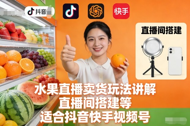 水果直播卖货玩法讲解、直播间搭建等，适合抖音快手视频号-heijinzy