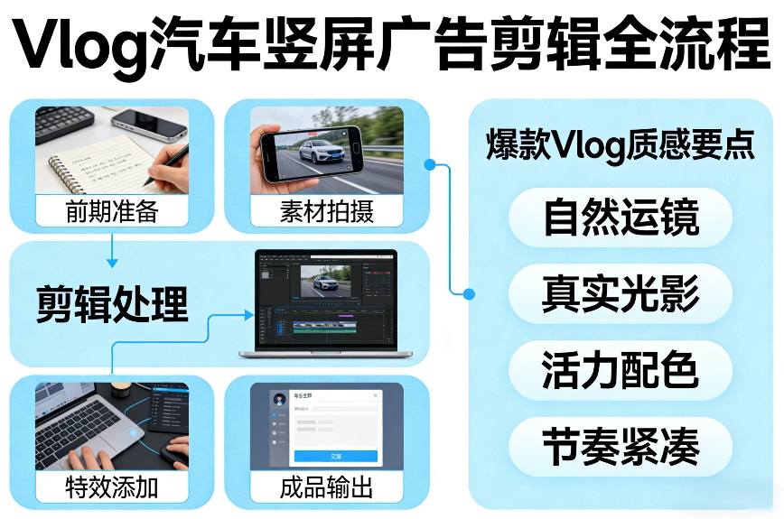 Vlog感觉汽车竖屏广告剪辑脚本全流程，拿捏爆款Vlog质感-heijinzy