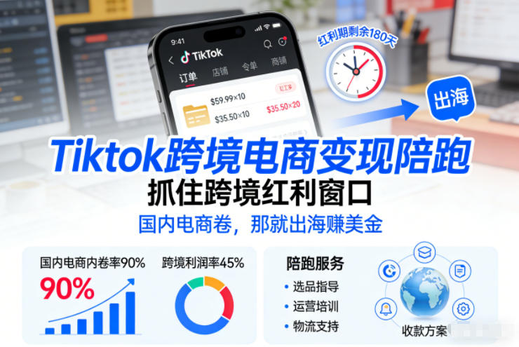 Tiktok跨境电商变现陪跑，抓住跨境红利窗口，国内电商卷，那就出海賺美金-heijinzy