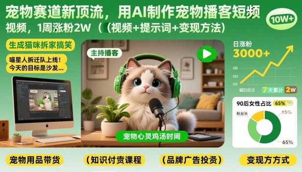 宠物赛道新顶流，用AI制作宠物播客短视频，1周涨粉2W(视频+提示词+变现方法)-heijinzy