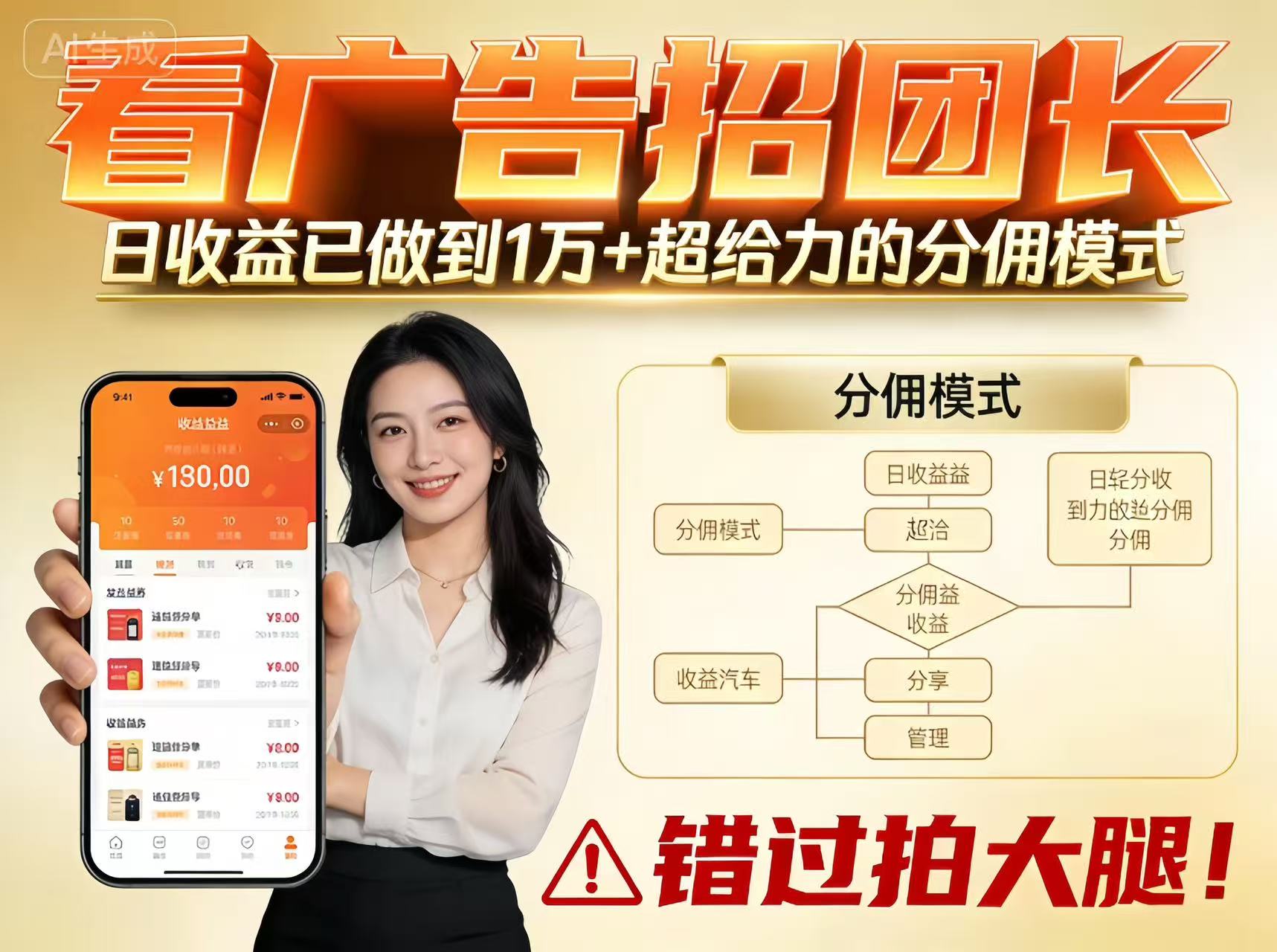 看广告招团长，团队收益已做到日入1万，分佣模式超给力，错过拍大腿-heijinzy