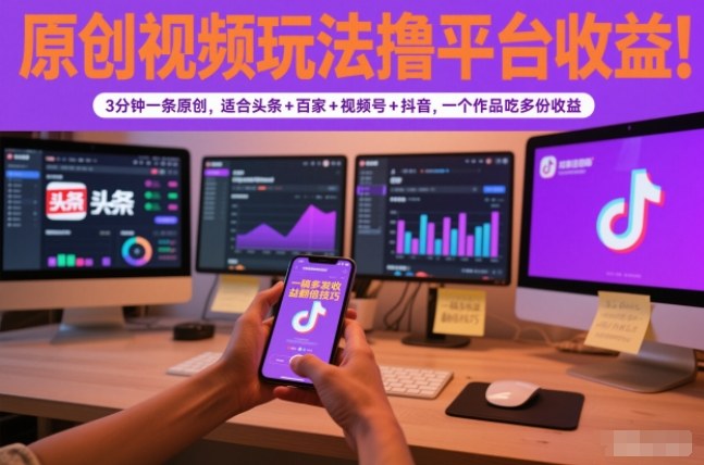 原创视频玩法撸平台收益，3分钟一条原创，适合头条+百家+视频号+抖音，一个作品吃多份收益-heijinzy