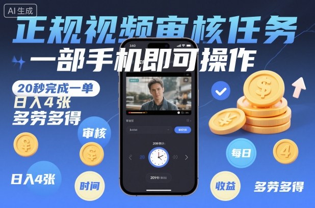 正规视频审核任务，一部手机即可操作，20秒完成一单，日入4张，多劳多得【揭秘】-heijinzy