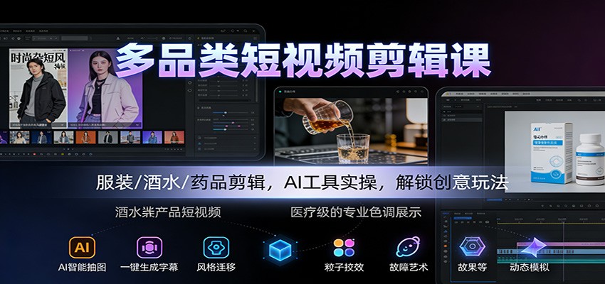 多品类短视频剪辑课：服装/酒水/药品剪辑，AI工具实操，解锁创意玩法-heijinzy