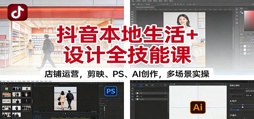 抖音本地生活+设计全技能课：店铺运营，剪映、PS、AI创作，多场景实操-heijinzy