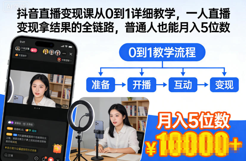 抖音直播变现课从0到1详细教学，一人直播变现拿结果的全链路，普通人也能月入5位数-heijinzy