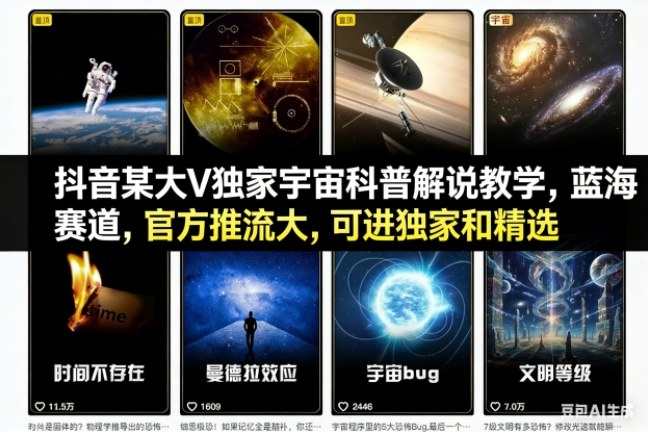 抖音某大V独家宇宙科普解说教学，蓝海赛道，官方推流大，可进独家和精选-heijinzy