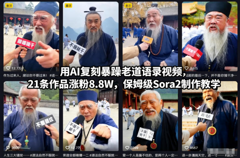 用AI复刻暴躁老道语录视频，21条作品涨粉8.8W，保姆级Sora2制作教学-heijinzy