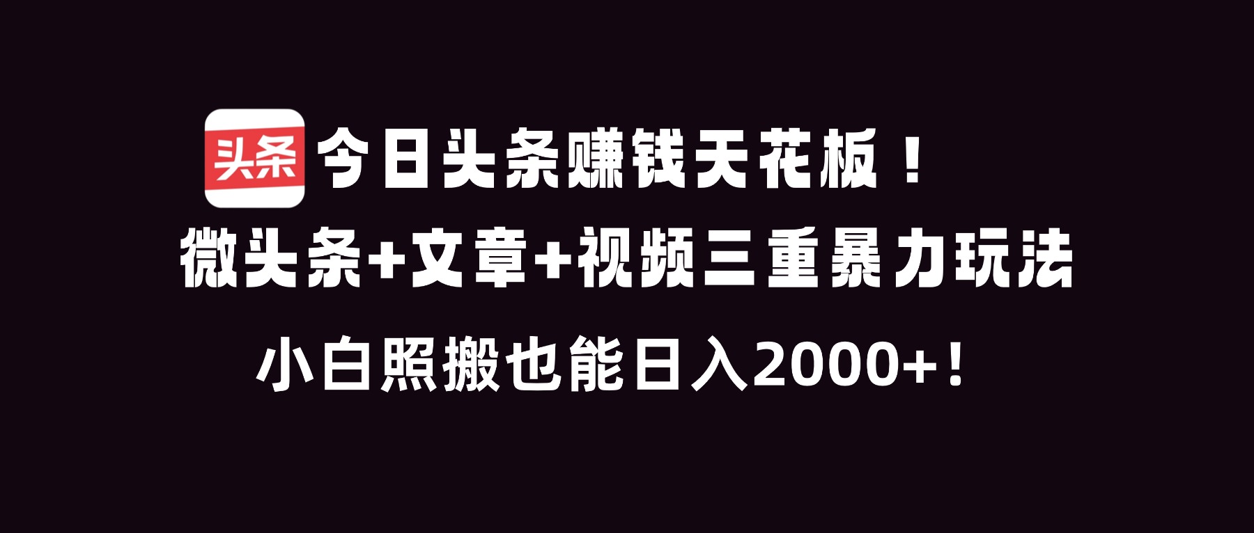 今日头条赚钱天花板！微头条+文章+视频三重暴利玩法，小白照搬也能日人2000+-heijinzy