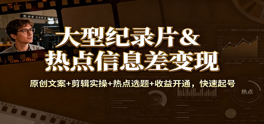 大型纪录片&热点信息差变现：原创文案+剪辑实操+热点选题+收益开通，快速起号-heijinzy
