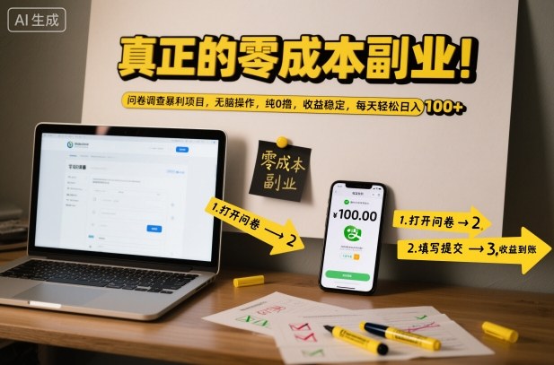 真正的零成本副业！问卷调查暴利项目，无脑操作，纯0撸，收益稳定，每天轻松日入100+【揭秘】-heijinzy