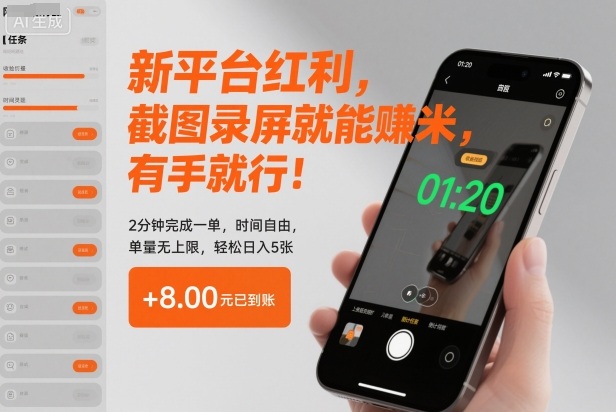 新平台红利，截图录屏就能賺米，有手就行！2分钟完成一单，时间自由，单量无上限，轻松日入5张【揭秘】-heijinzy