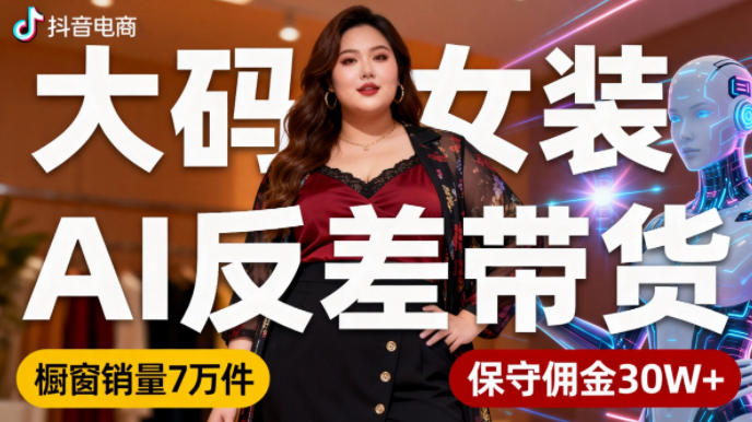 抖音小众赛道，大码女装AI反差带货，不用直播，每天6条作品，橱窗卖7万件，保守佣金30W+-heijinzy