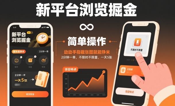新平台浏览掘金，动动手指截张图就能挣米，2分钟一单，不限时不限量，一天5张【揭秘】-heijinzy