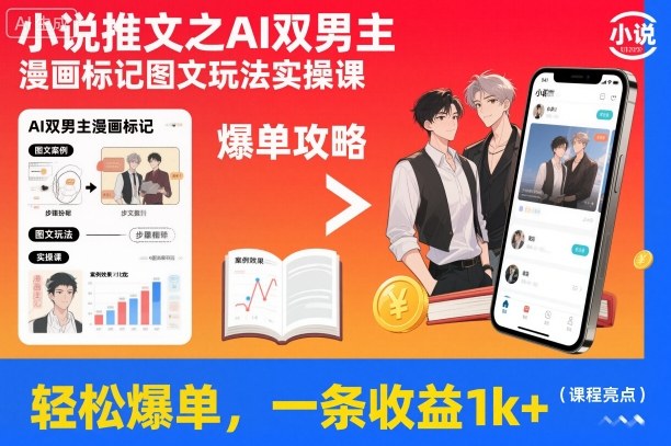 小说推文之AI双男主漫画标记图文玩法实操课，轻松爆单，一条收益1k+-heijinzy