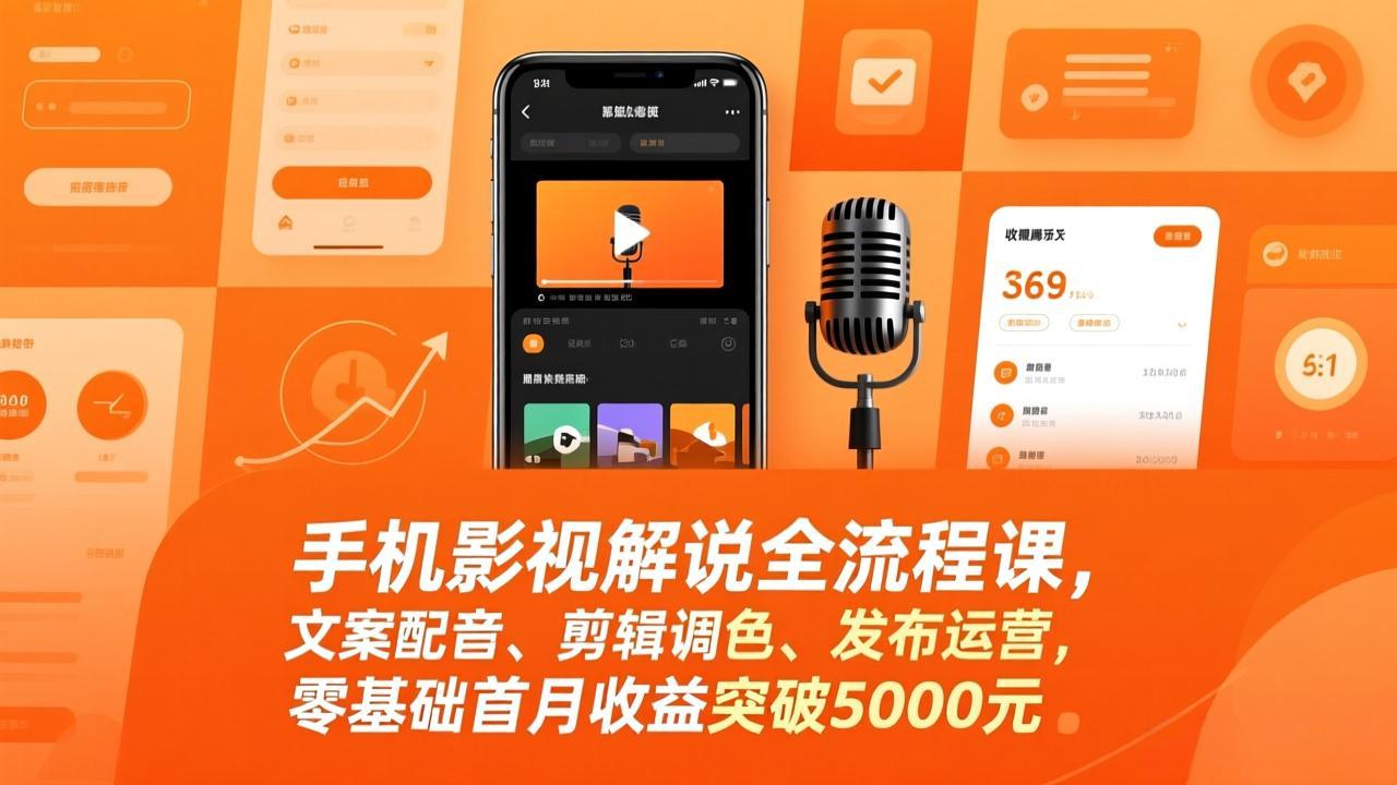 手机影视解说全流程课，文案配音、剪辑调色、发布运营，零基础首月收益突破5000元-heijinzy