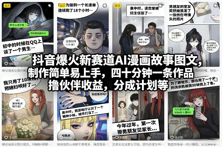 抖音爆火新赛道AI漫画故事图文，制作简单易上手，四十分钟一条作品，撸伙伴收益，分成计划等-heijinzy