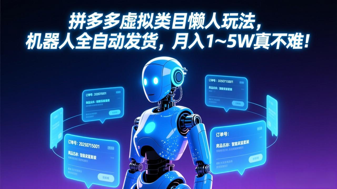 拼多多虚拟类目懒人玩法，机器人全自动发货，月入 1-5W 真不难！-heijinzy